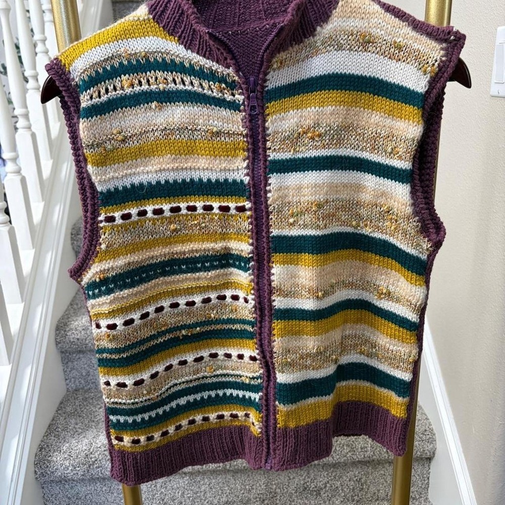 90s granny handmade zip up vest Forrest fairy motifs textured cotton
